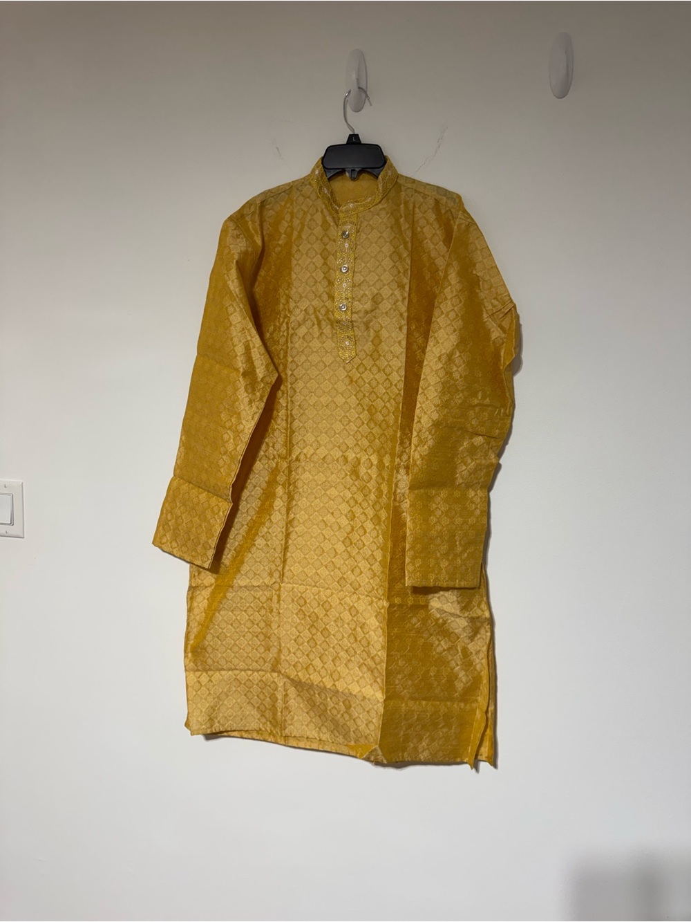Men's Mustard Gold Brocade Kurta Shirt - Traditional Long Sleeve